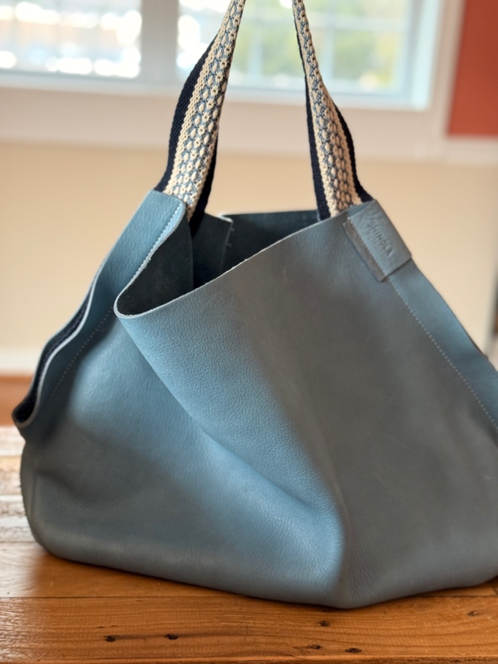 Blue Leather Tote Bag with Woven Handles